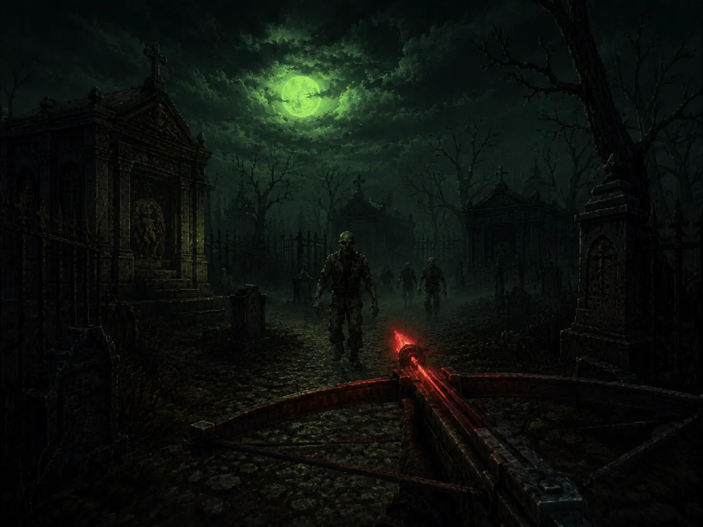 Green moon cemetery with crossbow