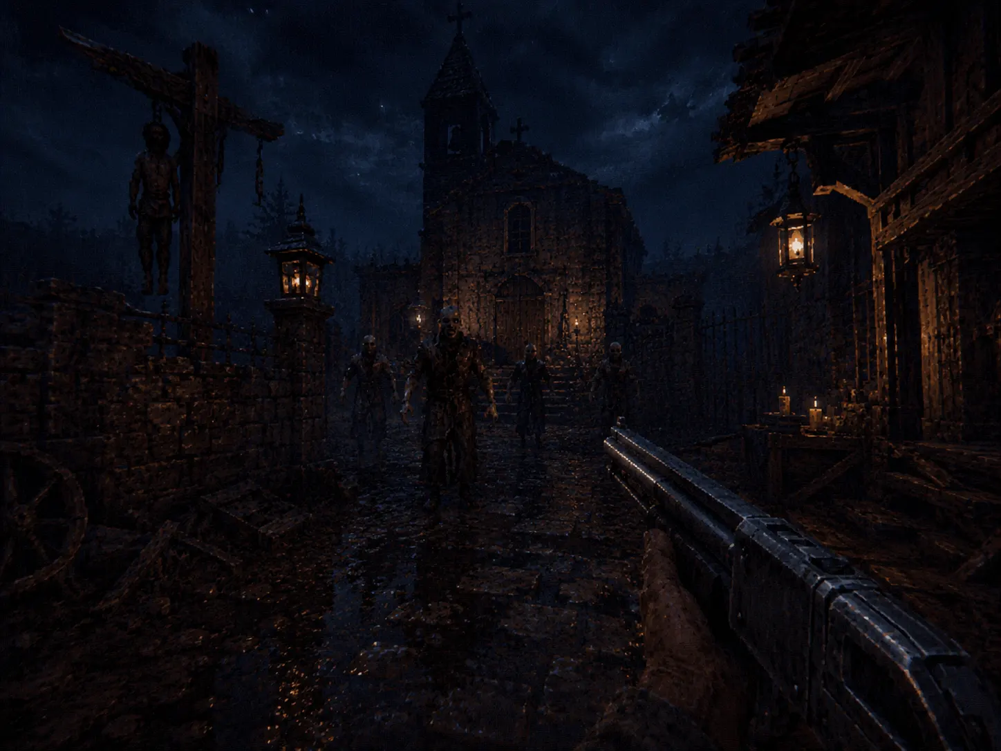 Chapel approach with zombies and shotgun